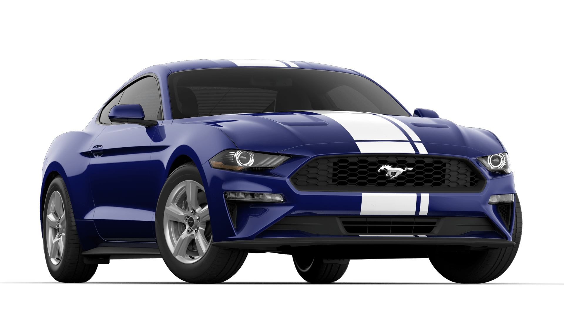 2019 Ford Mustang blue with a white racing stripe
