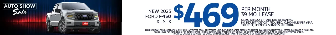 Lease a new 2025 Ford F-150 XL STX starting at $469 per month for 39 months $4,499 or Equivalent trade due at signing. No security deposit required. 10,500 Miles per year. Tax, title, license & $389 services fee due at signing. To approved credit. Not available with some other offers. Take new retail delivery by 3/2/26.