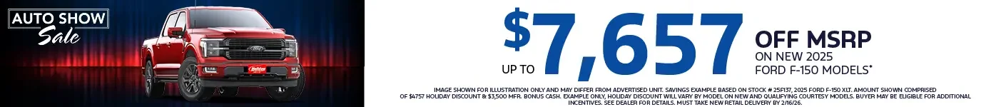 Get Deep Model Year-End Savings up to $7,657 off of MSRP on New 2025 Ford F-150 models. Offer ends 2/16/26.